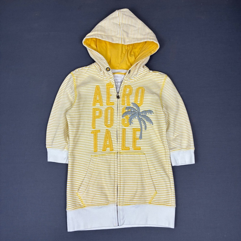 Y2K Aeropostale Striped Yellow & White 3/4 Sleeve Full Zip Hoodie Womens Size XS